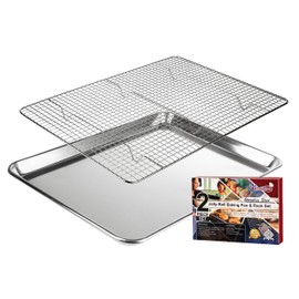 KITCHENATICS Aluminum Jelly Roll Baking Pan and Stainless Steel Cooling Rack Set, Jelly Roll Pan and Roasting and Cooling Rack Set, Cookie Tray Set for Oven and Grill, Non-Toxic, 10.6" x 15.6" x 1"