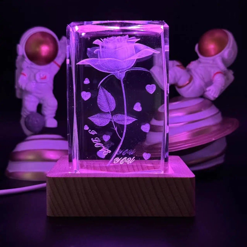 Toolzia 3D Crystal Rose Night Light with Wood Base