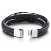 COOLSTEELANDBEYOND Stainless Steel Feather Multi-Strand Black Braided Leather Bracelet Bangle