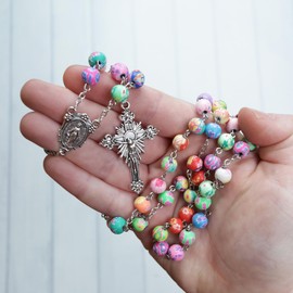 Needzo Radiant Blossom Fimo Clay Flower Bead Rosary with Miraculous Medal Centerpiece, Catholic Gift for Women, 22 Inches
