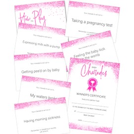 Olivia Samuel Baby Shower Charades - Pink Glitter Effect Design (Includes 38 Charade cards and How to Play Instructions + Winner Certificate)