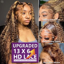 13x6 Ombre Blonde Mongolian Curly Lace Front Wigs Human Hair Brown Blonde Highlight HD Transparent Wig with Baby Hair Honey Blonde Deep Curly Wigs Human Hair 200% Density 18 Inch