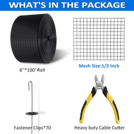 6in X 100ft Solar Panel Bird Guard 1/2 Inch Wire Roll PVC Mesh, Solar Panel Critter Guard Roll Kit for Bird,Squirrel,Critters Proofing with 70pcs Stainless Steel Fasteners, Gloves, Pliers