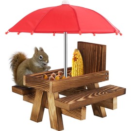 Squirrel Feeder Table with Umbrella, Wooden Squirrel Picnic Bench Feeder with Umbrella Wooden Squirrel Feeder Nut Box Compartment Funny Squirrel Feeding House with An Umbrella for Garden Yard Tree