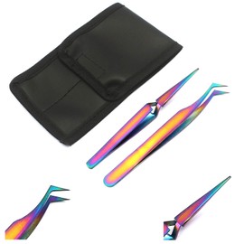 OdontoMed2011 Set of 2 Stainless Steel Multi Titanium Rainbow Color 3D Eyelash Extension Tweezers A Type Angled + X Type Self Retracting Fine Point (ODM)