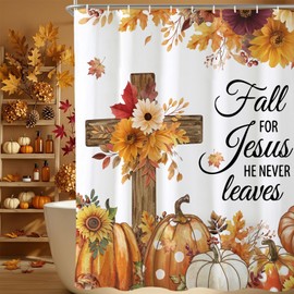Baccessor Fall Shower Curtain Pumpkin Cross Shower Curtains Autumn Floral Bathroom Bath Decor Waterproof Weighted with Hooks 72 W x72 H Inch