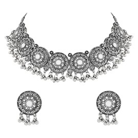 I Jewels Antique Silver Oxidized Ethnic Indian Wedding Bollywood Afghani Choker Necklace Jewellery With Earrings Set for Women (MC140-5OX), Free size, Metal, No Gemstone