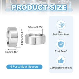 PATIKIL 6 Pcs Stainless Steel Spacers, 9mm ID x 12mm OD x 4mm Height 304 Stainless Steel Bushing Screw Standoff Unthreaded Round Spacer for 3/8" M9 Screws Bolts Nuts