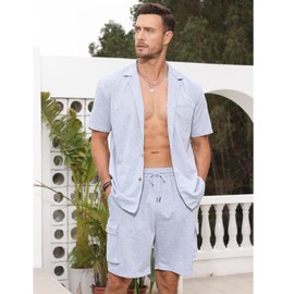 Fastkoala Mens Short Sets Tracksuits Suits Sweatsuits Full Open Button Lapel Shirt & Overalls Shorts Activewear 2 Pcs Grey XXL