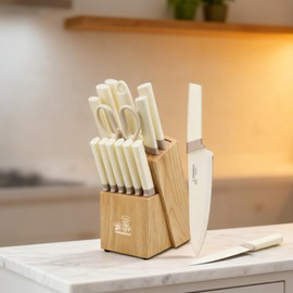 CHUSHIJI 15-Piece Kitchen Knife Set with Block, Premium High Carbon Stainless Steel, 8-Inch Chef Knife & 6 Steak Knives, Sharp Dishwasher Safe Durable Cutlery for Home Cooking, White