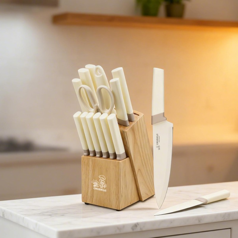 CHUSHIJI 15-Piece Kitchen Knife Set with Block, Premium High Carbon