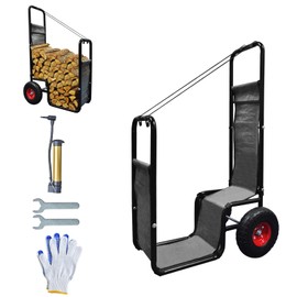 Firewood Carrier Cart with Large Wheels Rolling Log Cart Outdoor Wooden Firewood Carts Assemble Log Cart with PE Baffle and Straps