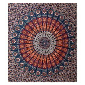Furnishful Finesse Mandala Peacock Tapestry Boho Wall Hanging Tapestries Indian Wall Cloth Tapestry for Living Room Bedroom and Home Decor- Golden Blue, 54X84 Inches