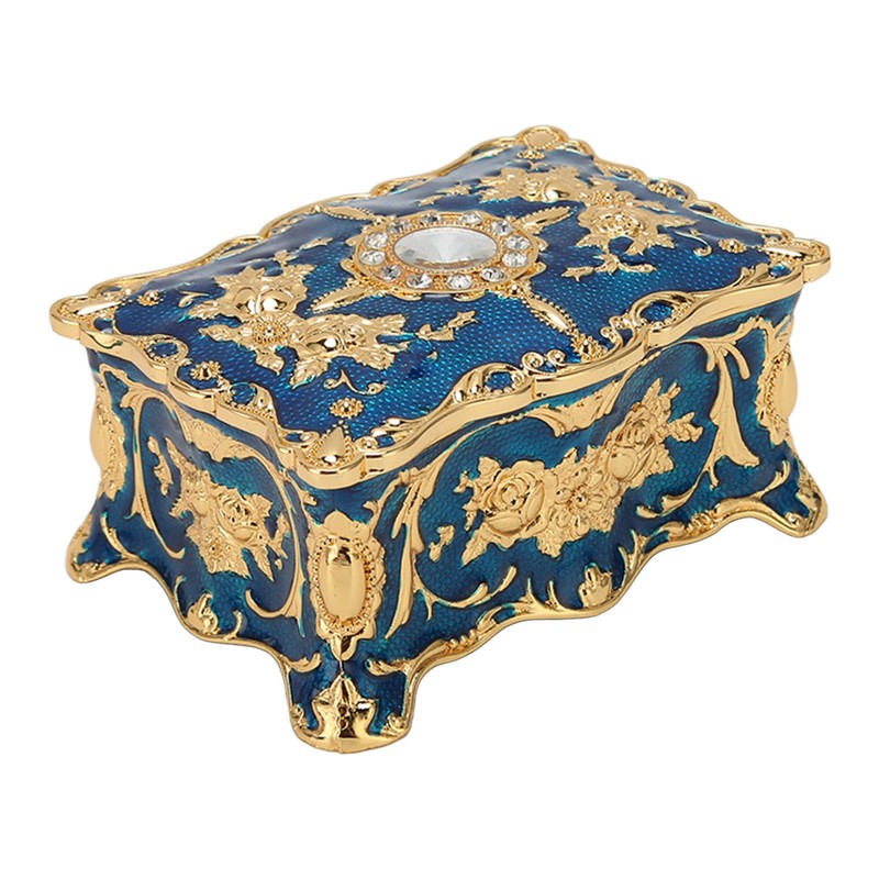 Royalblue Rhinestone Jewelry Box Ring Retro Flower Engraved Earrings Necklace