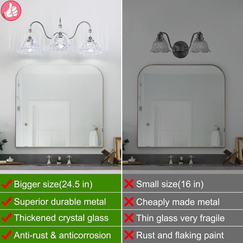 ZHUOER Chrome Bathroom Vanity Light Fixtures 3 Lights Vanity Lights
