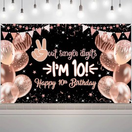 VanillaBay Happy 10th Birthday Backdrop Pink Rose Gold Double Digits 10 Years Old Birthday Photo Backdrops 10th Birthday Party Decorations Photography Background 70.8x43.3 inch