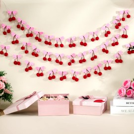 3 Pcs Bow Cherry Garland Party Decorations Pre-Strung Pink Bow 3D Pom Poms Hanging Banner Cute Felt Fruit Cherry Garland for Birthday Baby Shower Bachelorette Christmas Wall Door Party Favor Supplies