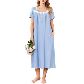 Ekouaer Nightgowns for Women Nightshirts Short Sleeve Soft Sleepwear with Pockets Long Nightdress Loungewear Light Blue
