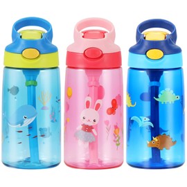 Children's Drinking Bottle, 480 ml Children's Drinking Bottle with Straw, BPA-Free Children's Water Bottles, Sports Water Bottle with Leak-Proof Flip-Top Lid for Girls and Boys BPA-Free (Pink Rabbit)