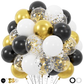 100pcs Black Gold and White Balloons with 12inch Metallic Gold and Black Confetti Balloons for Class of Graduation, 30th 40th 50th Birthday Party Decoration (with 2 Ribbons)
