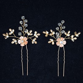 Bridal Hair Pins - 2PCS Gold Wedding Hair Accessories, Fanvoes Hair Pieces Headpiece Jewelry with Vintage Flower Leaf Rhinestone Crystal for Mother of Bride Brides Bridesmaid Women Flower Girls