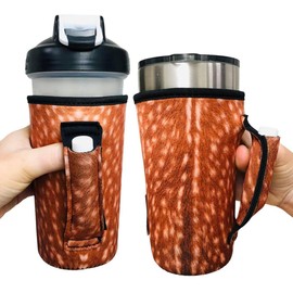 Drink Handlers 20-27 oz Tumbler Holder - Neoprene Coffee & Tea Sleeve with Handle - Insulated Cover & Water Resistant Beverage Holder for Large to XL Tumblers, Shaker Bottle (Deer Hide)