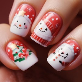 Christmas Press on Nails Medium Square SWEKKE Winter Fake Nails Red & White False Nails with Designs Christmas Tree Snowman Glossy Glue on Nails Xmas Acrylic Nails for Women Girls 24 Pcs