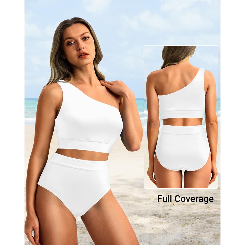 Holipick White Women One Shoulder High Waisted Bikini Sets Two