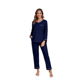 COLORFULLEAF Women's 100% Cotton Pajama Set Long Sleeve Sleepwear with Pants Soft Comfy Two-Piece Pjs with Pockets (Navy Blue, M)
