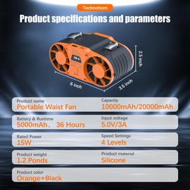 Technohom 20000mAh Portable Waist Fan Rechargeable Clip on Wearable Belt Personal Cooler, Dual Motor Belt Clip Device with LED Display, Strong Wind 14m/s, 4 Speeds for Outdoor Work Hiking