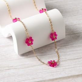 Daisy Flower Choker Necklace 14K Gold Plated Beaded Pearl Choker for Women Jewelry Gifts (Hot Pink Daisy)