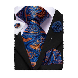 Hi-Tie Mens Tie Set Woven Silk Ties for Men Handkerchief Cufflinks Lapel Pin Set 4PC Formal Wedding Business Neckties, Blue Orange Paisley
