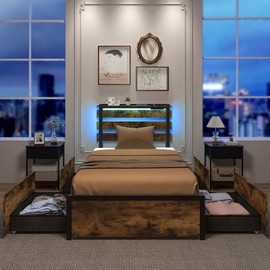 Giantex Twin Bed Frames for Kids, Twin Bed Frame with LED Lights Headboard and 4 Storage Drawers, Metal Platform Bed with Charging Station, Easy Assembly, No Box Spring Needed, Smart LED Bed Frame