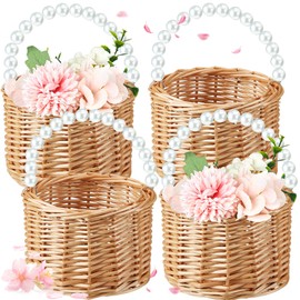 Soaoo Set of 4 Flower Girl Basket Wicker Rattan Woven Storage Basket with Pearl Handles Woven Eggs Candy Storage for Wedding Home Garden Valentines Day Decoration