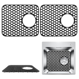 2PCS Kitchen Sink Mats, 12 * 14‘’ Silicone Sink Protectors for Kitchen Sink with Rear Drain Hole, Non-slip Heat-resistant Sink Mats for Farmhouse Stainless Steel Porcelain for Sink Bowl-Black