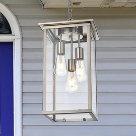 Yaohong Large Outdoor Chandelier for Porch, 3-Light Brushed Nickel Outdoor Pendant Light Fixture Rust-Resistant Metal with Clear Glass, Adjustable Exterior Pendant Light for Porch Entrance Foyer Front