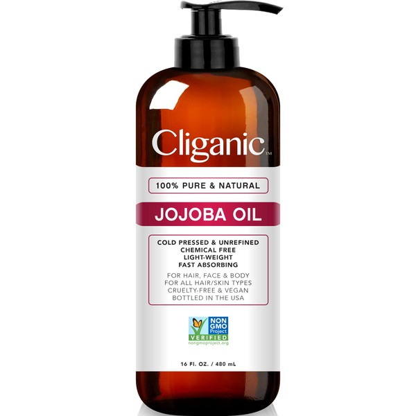 Cliganic Jojoba Oil Non-GMO, Bulk 16oz | 100% Pure, Natural Cold Pressed Unrefined Hexane Free Oil for Hair & Face