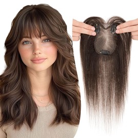 TESSHAIR Human Hair topper for Women, 3D Cover Clip in Bangs, Hair Toppers with Wispy Bangs,11 inch, #2 Dark Brown