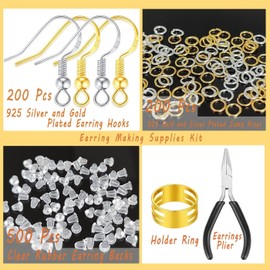 XIANNVXI Earring Hooks for Jewellery Making,602 Pcs Earring Making Kit,925 Silver and Gold Plated,Hypoallergenic Earring Making Kit,Jewellery Findings,Jump Rings,Rubber Earring Backs,DIY Tool