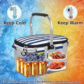 Insulated Cooler Bag Multipocket Collapsible Picnic Basket Leak-Proof Outdoor Basket for Camping Meal Delivery Shopping Travel Camping Beach Grocery Bag (BlueWhite Medium)