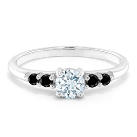 Gem Stone King 0.58 Ct Round Sky Blue Aquamarine Black Diamond 925 Sterling Silver Engagement Ring (Size 7)