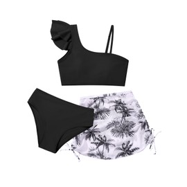 Naiyafly Girls 3 Piece Swimsuits Ruffle Sleeve Bikini Set with Tropical Cover Up Skirts High Waist Bathing Suit Bikini Tops Pants Summer Holiday Beachwear for Kids Teen 9-16 Years Black
