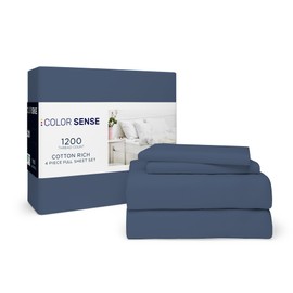 Color Sense 1200 Thread Count King Navy Sheet Set, Hotel Luxury Cotton Rich Ultra Soft Sateen Sheets, Easy Care Bed Sheet Set with Deep Pocket (1 Flat Sheet, 1 Fitted Sheet & 2 Pillowcases)