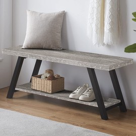 LVB Industrial Entryway Bench, Wood and Metal Storage Bench, Indoor Farmhouse Hallway Accent Entry Bench for Seating Sitting, Shoe Rack Organizer Cabinet in Foyer Bedroom, Light Grey Oak, 47 Inch Long