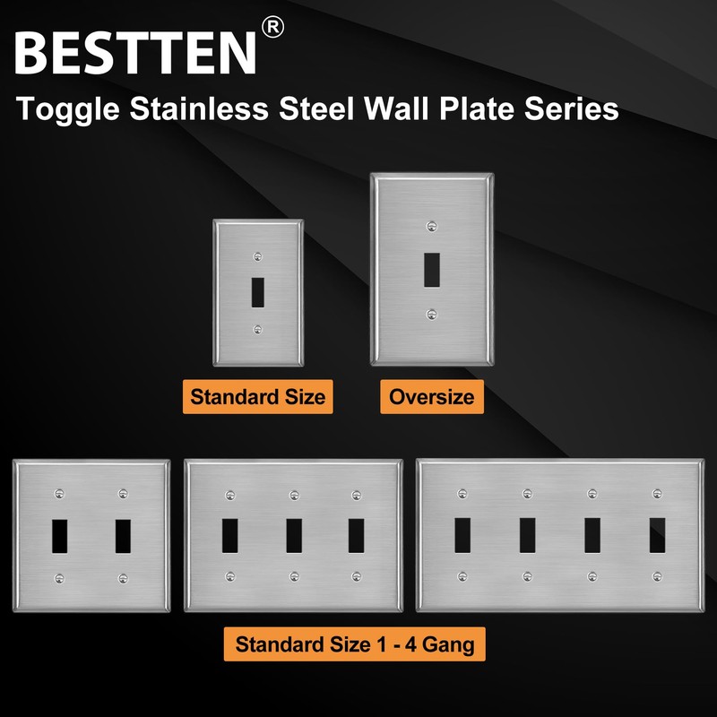 BESTTEN 4 Gang Toggle Switch Metal Wall Plate with Ｗhite