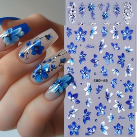 Flower Nail Stickers for Nail Art 5D Blue Lily Flower Nail Decals 4PCS Embossed Blue White Flower Nail Art Design Acrylic Nail Art Supplies Nail Adhesive Stickers Floral Slider Manicure Accessories