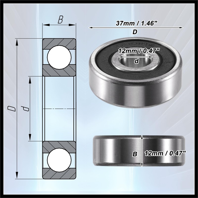 Hihaha 12x37x12mm 6301-2RS Deep Groove Ball Bearings Silver Tone -