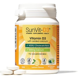 SunVit-D3 Vitamin D3 400IU & 500mg Calcium Lemon Chewable Tablets – Supports Bone, Teeth, Muscle & Immunity – 60 Tablets