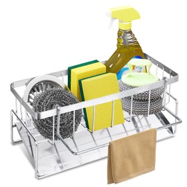 TOKPLNU Kitchen Sink Caddy Organiser Silver Stainless Steel Sponge Holder with Dishcloth Holder, Kitchen Tidy Sink Organizer,Washing Up Caddy for Bathroom Accessories
