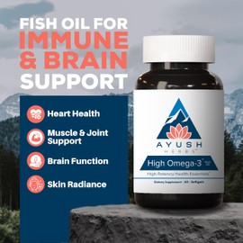 Ayush Herbs High Omega 3 - Omega 3 Fish Oil, 1000mg Per Capsule, EPA & DHA Fish Oil Supplement for Women & Men, Natural Lemon Flavor - 60 Servings